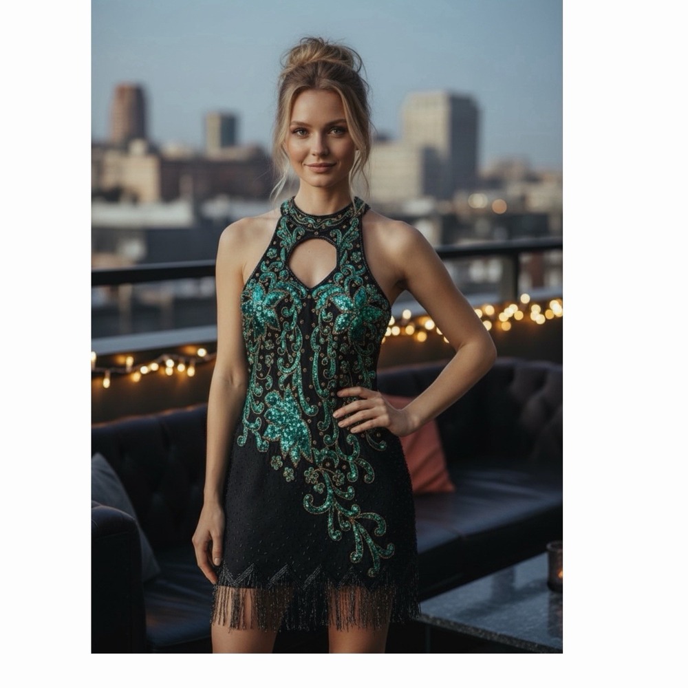 SEAN Collection XS Silk Halter Dress Sequined Beaded Cocktails Evening Dance